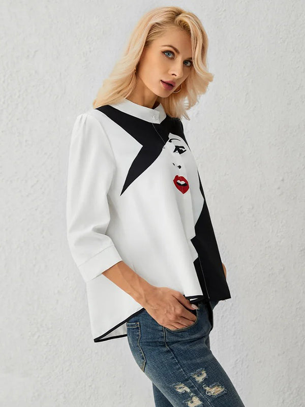 flowersverse Casual Three-Quarter Sleeves Figure Buttoned Printed Stand Collar Blouses&Shirts Tops