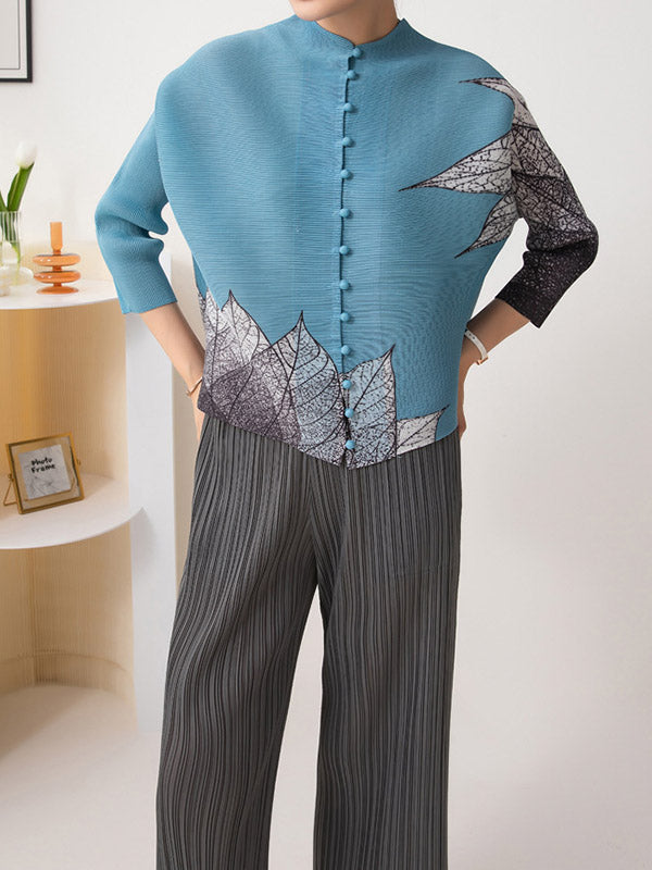 flowersverse Buttoned Leaves Print Long Sleeves Loose Round-Neck Outerwear