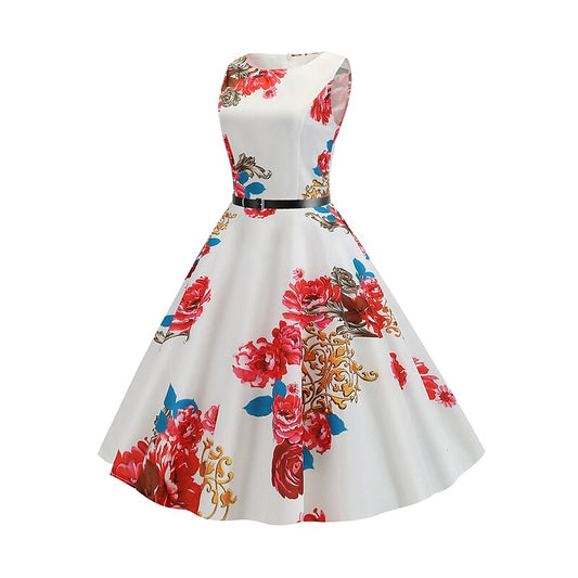 flowersverse Women's Elegant Retro Swing Dress Midi Dress Party Daily With Belt Print Floral Crew Neck Sleeveless Regular Fit Spring Summer White Red S M L XL