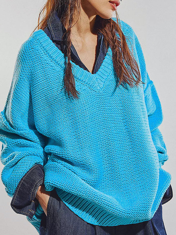 flowersverse Solid Color Velvet Long Sleeves Loose V-Neck Sweater Tops Pullovers
