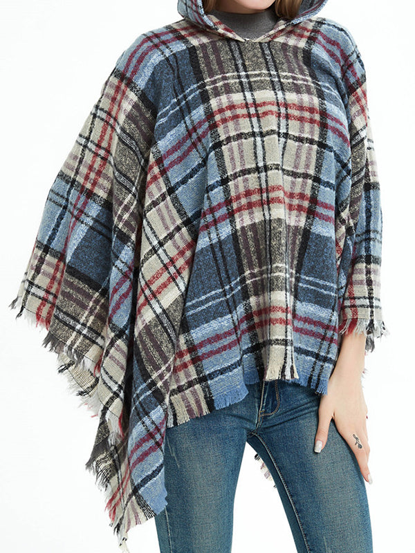 flowersverse Fringed Hooded Keep Warm Plaid Shawl&Cloak Cape