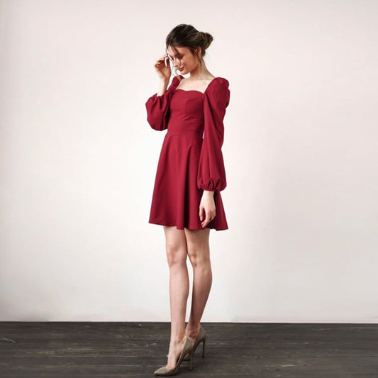 flowersverse Fashionkova Casual Square Neck Puff Sleeve A-Line Dress Autumn Backless High Waist Elegant Vintage Party Mini Dresses For Women