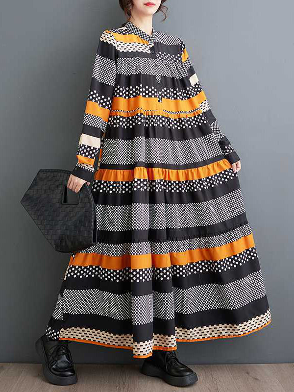 flowersverse A-Line Long Sleeves Buttoned Polka-Dot Split-Joint Round-Neck Midi Dresses
