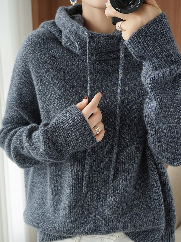 flowersverse Casual Loose 3 Colors Hooded Long Sleeves Sweater Top
