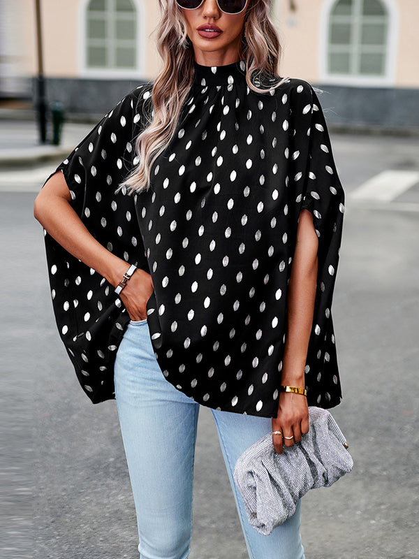 flowersverse Bandage Polka Dot Loose Round-Neck Blouses&Shirts Tops
