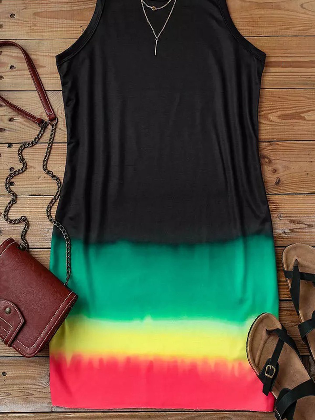 flowersverse Vintage Gradient Color Block Sleeveless Plus Size Casual Dress