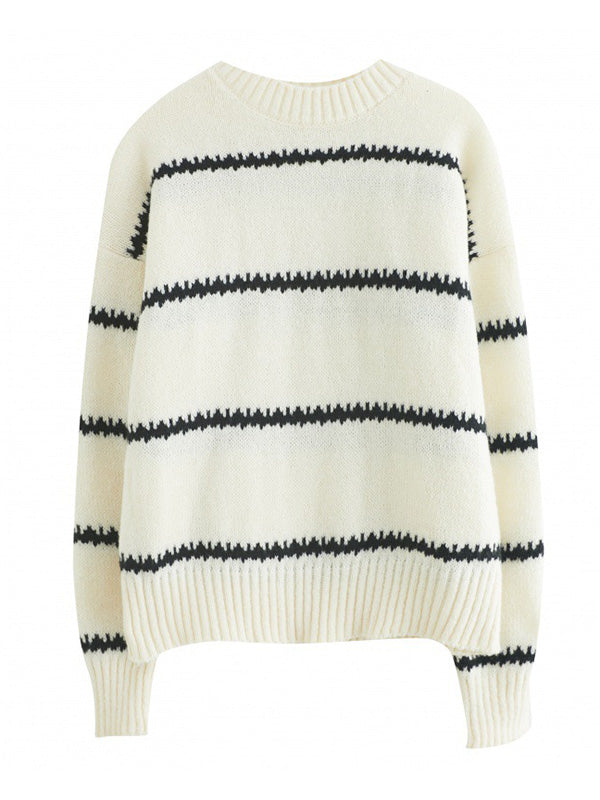 flowersverse Casual Loose Long Sleeves Striped Round-Neck Sweater Tops