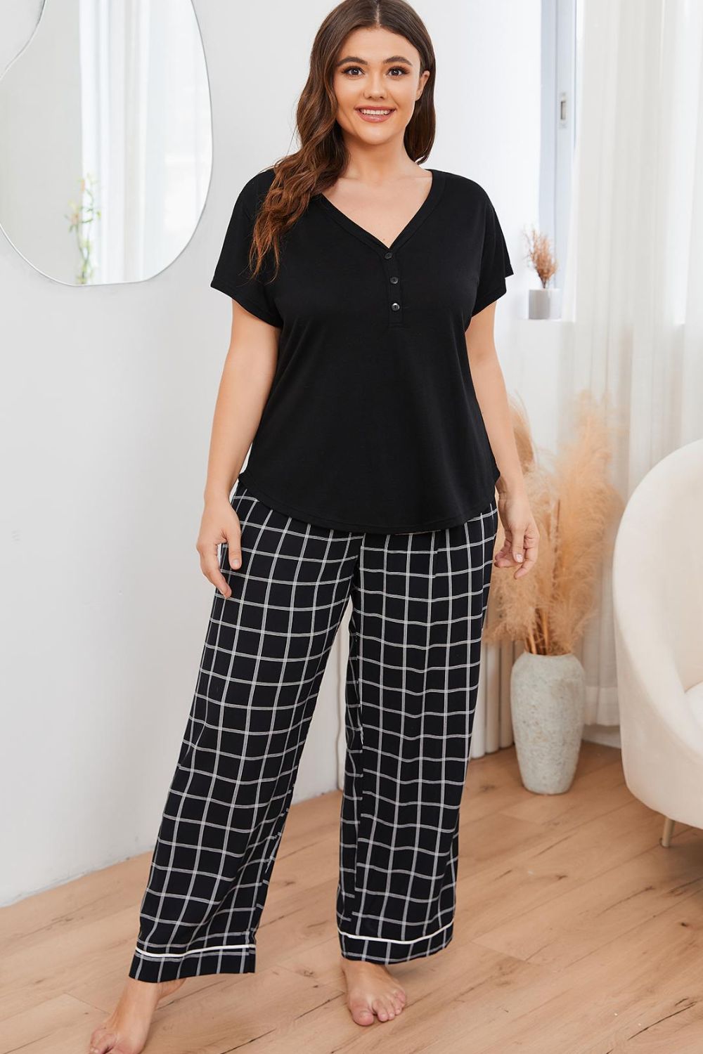 flowersverse Plus Size V-Neck Top and Plaid Pants Lounge Set
