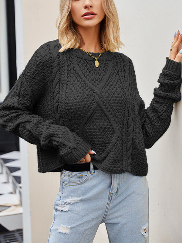 flowersverse Solid Color Split-Joint Long Sleeves Loose Round-Neck Sweater Tops