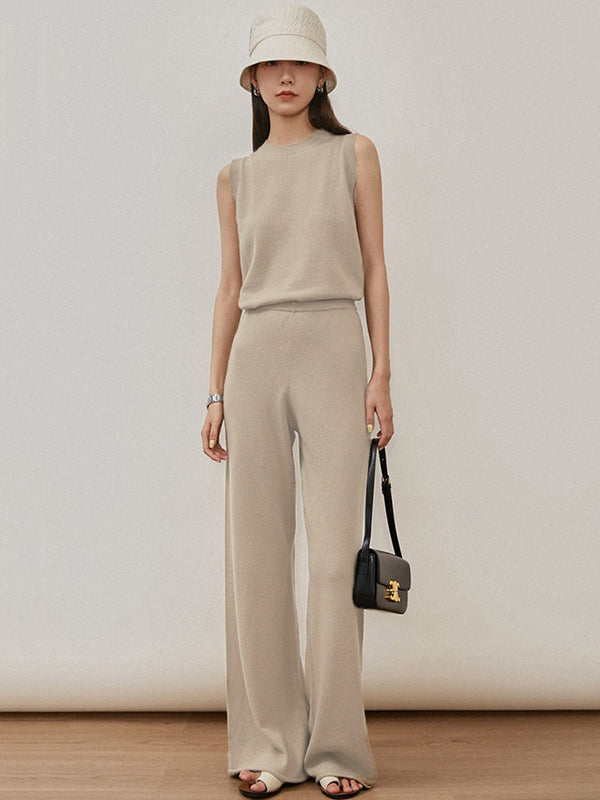 flowersverse Urban Loose Solid Round-Neck Vest Top& V-Neck Sweater Tops& Wide Leg Pants Three-Piece Set