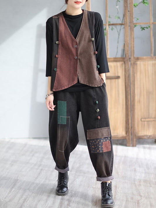 flowersverse Loose Split-Joint V-Neck Vest Top + Jean Harem Pants Bottoms Two Pieces Set