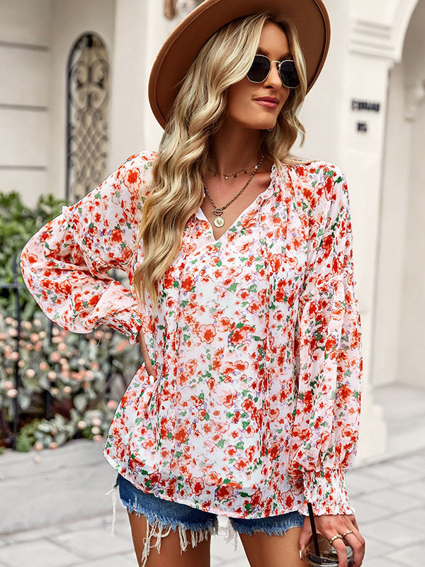 flowersverse Casual Loose Floral Printed V-Neck T-Shirt