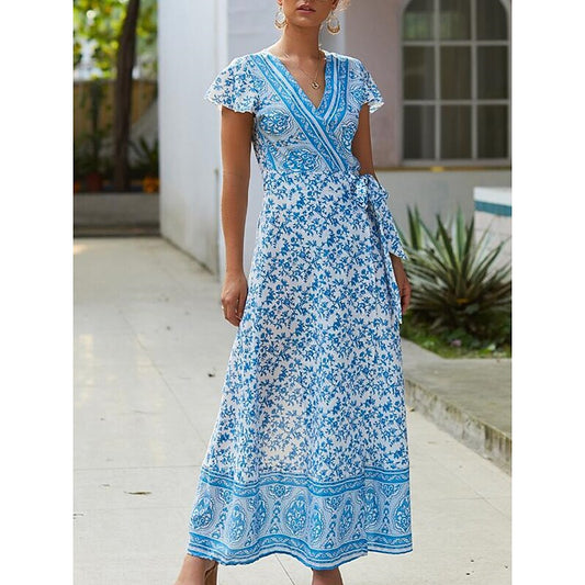 flowersverse Women's Long Dress Maxi Dress Casual Dress Swing Dress Summer Dress Floral Bohemian Casual Outdoor Daily Holiday Print Short Sleeve V Neck Dress Regular Fit Pink Red Blue Spring Summer S M L XL XXL