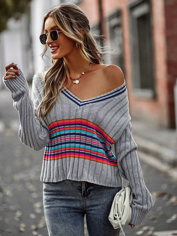 flowersverse Casual Long Sleeves Striped V-Neck Sweater Tops