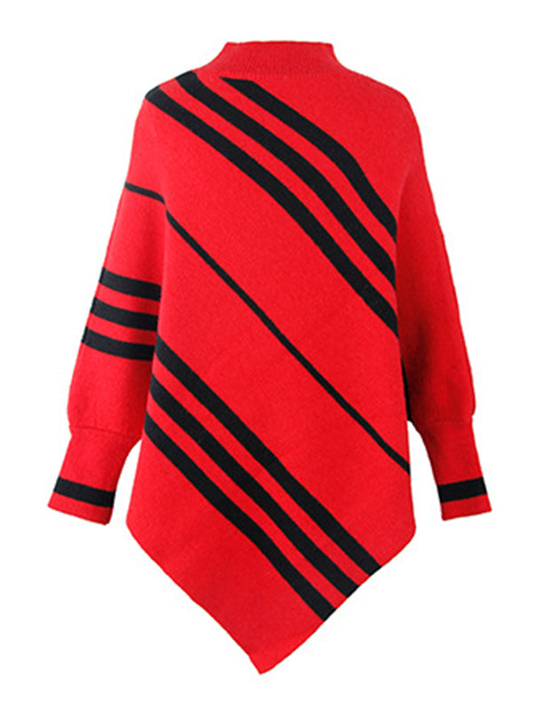 flowersverse Loose Irregularity Striped High-Neck Cape Sweater