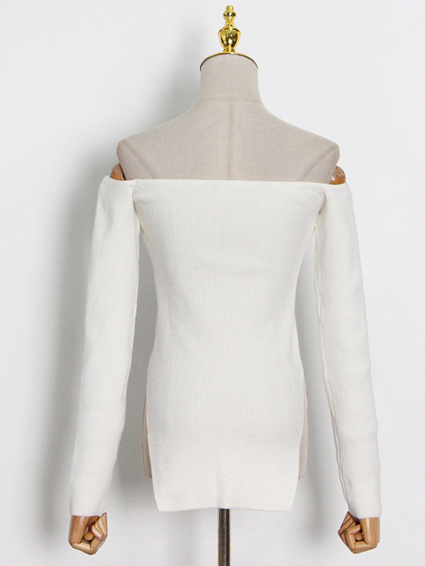 flowersverse Stylish Skinny Irregularity Solid Color Off-The-Shoulder Sweater Tops