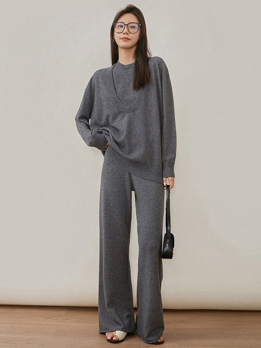 flowersverse Urban Loose Solid Round-Neck Vest Top& V-Neck Sweater Tops& Wide Leg Pants Three-Piece Set