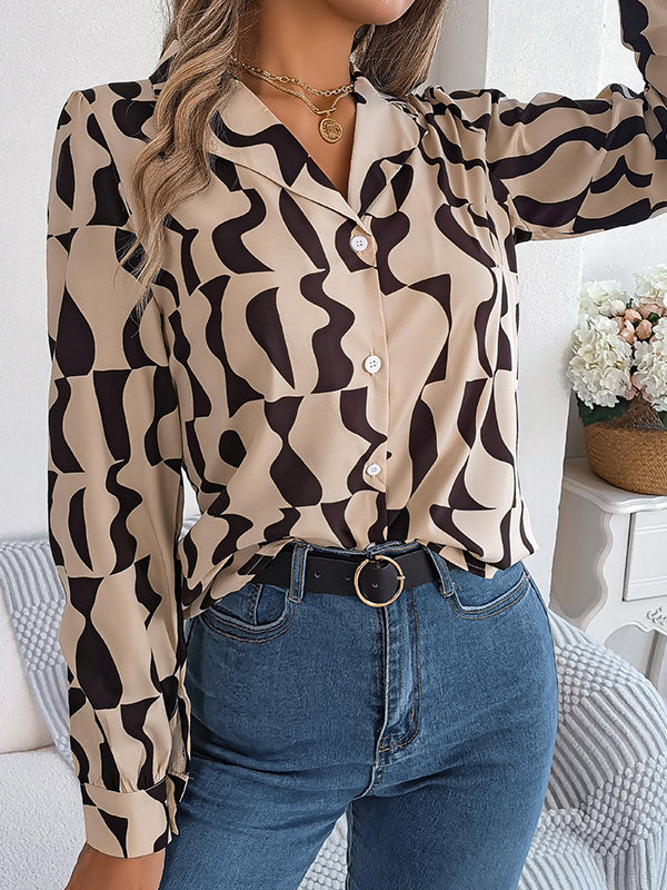 flowersverse Buttoned Contrast Color Long Sleeves Notched Collar Blouses&Shirts Tops
