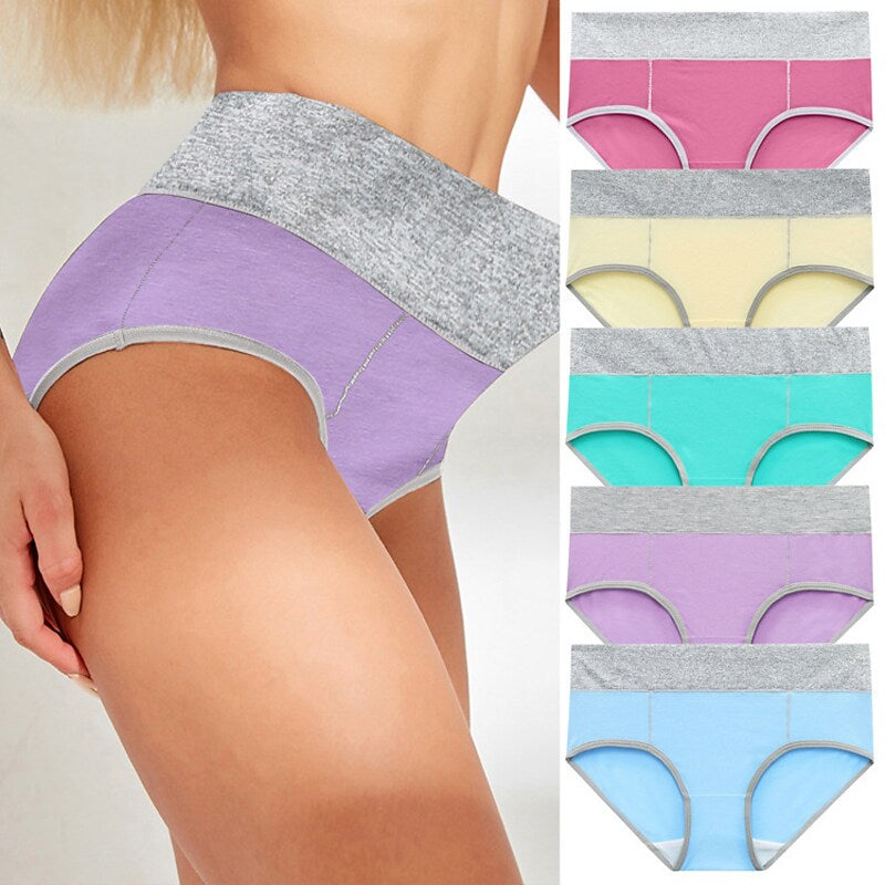 flowersverse Women's Plus Size Basic Vacation Pure Color Shaping Panty Stretchy High Waist Cotton 5 Pieces Green M