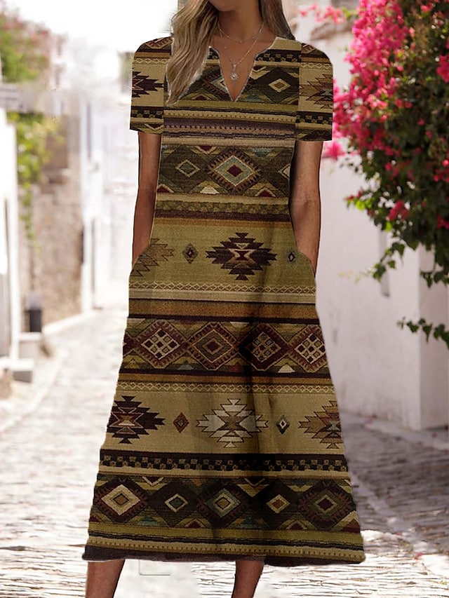 flowersverse Women's Casual Dress Shift Dress Swing Dress Floral Tribal Pocket Print V Neck Midi Dress Ethnic Tribal Outdoor Vacation Short Sleeve Regular Fit Brown Green Spring Summer S M L XL XXL