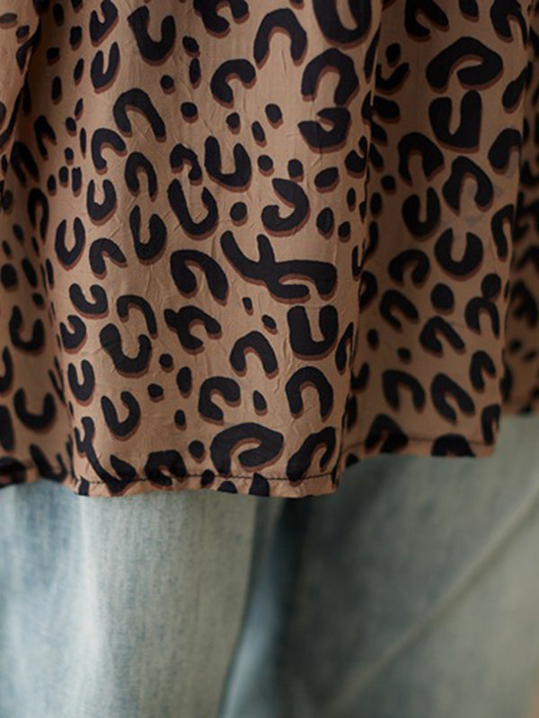 flowersverse Leopard Half Sleeves Loose V-neck T-Shirts Tops Blouses&shirts Tops