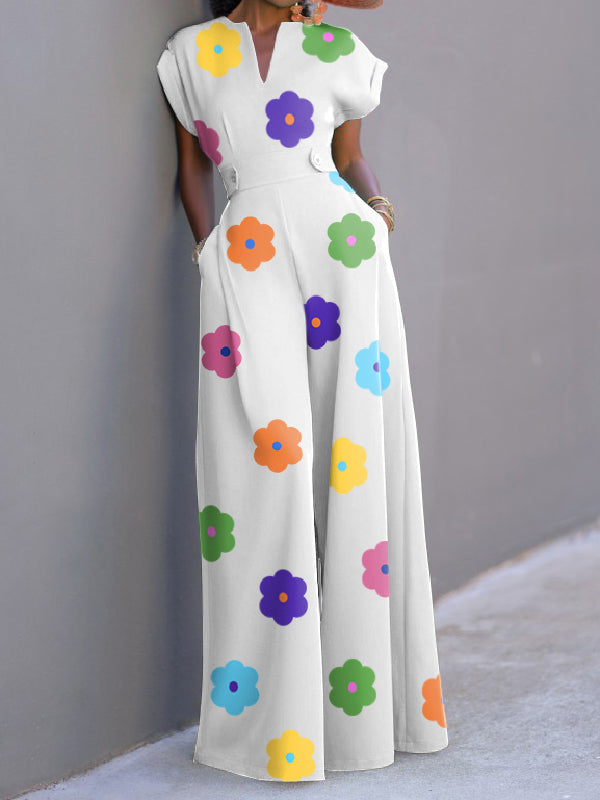 flowersverse Cap Sleeve Wide Leg Floral Printed Jumpsuits