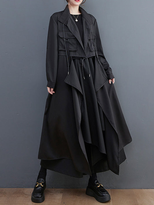 flowersverse Loose Long Sleeves Drawstring Split-Joint Lapel Trench Coats