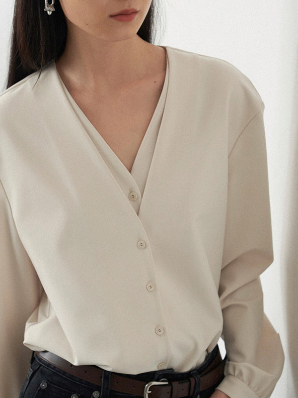 flowersverse Buttoned Solid Color False Two Long Sleeves V-Neck Blouses&Shirts Tops