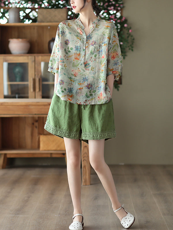 flowersverse Vintage Loose Buttoned Floral Printed Stand Collar Blouses&Shirts Tops