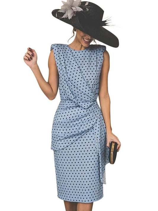 flowersverse Women's Sheath Dress Knee Length Dress - Sleeveless Polka Dot Print Polka Dots Ruched Spring & Summer Plus Size Hot Vintage White Red Light Blue