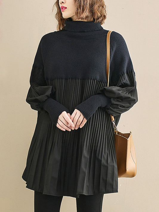 flowersverse Knitting Pleats Split-Joint High-Neck Pullover Top