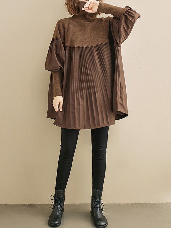 flowersverse Knitting Pleats Split-Joint High-Neck Pullover Top