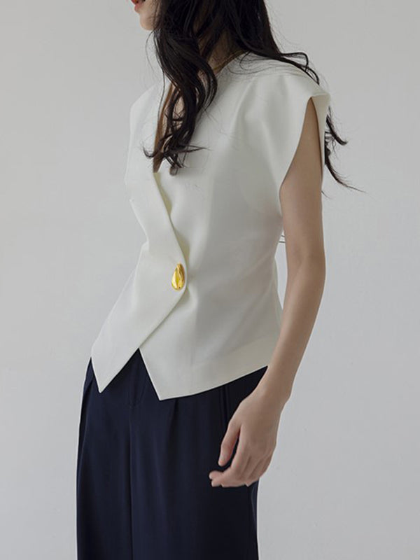 flowersverse Asymmetric Buttoned Sleeveless V-Neck Vest Top
