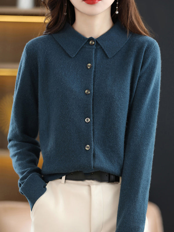flowersverse Casual Loose Long Sleeves Buttoned Solid Color Lapel Collar Cardigan Tops