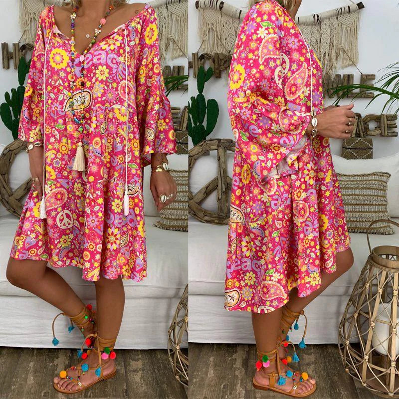 flowersverse Summer Women Boho Floral Long Sleeve Dress Holiday Beach Shirt Dress Ladies Print Mini Dress Plus Size