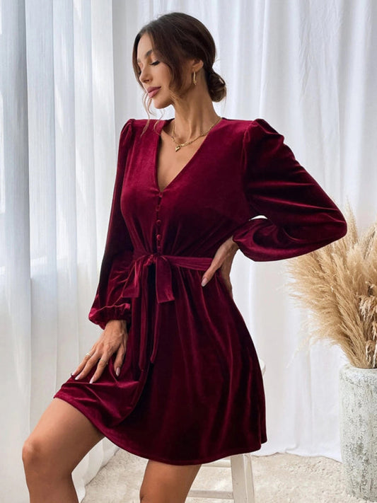 flowersverse V-neck Waist A-line Skirt Long-Sleeved Velvet Sexy Banquet Dress