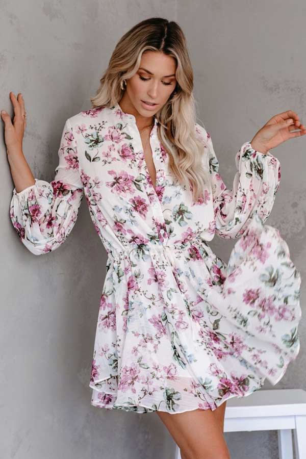 flowersverse Fashion Floral Print Shirt Dress