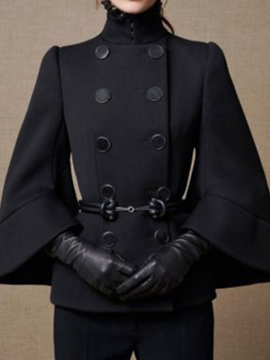 flowersverse Flared Buttoned Solid Color High Neck Outerwear Woolen Coat