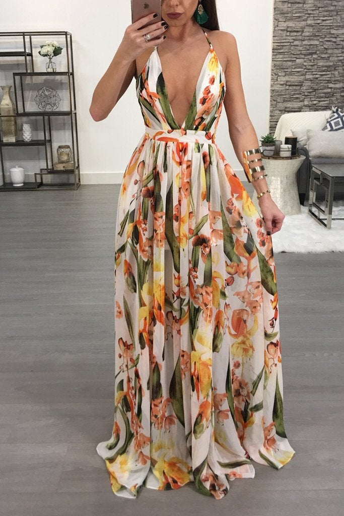 flowersverse Deep V-Neck Back Chiffon Dress