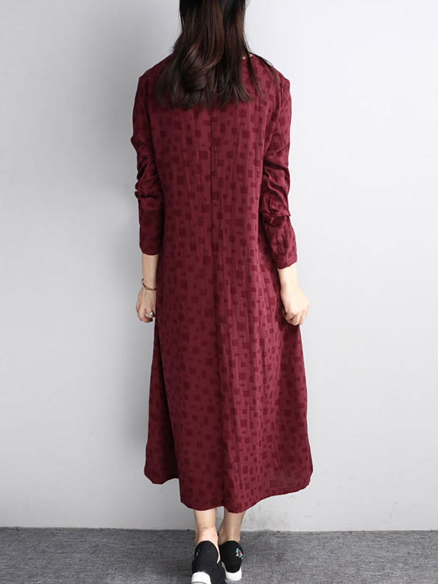 flowersverse Plus Size Women Retro Chic Buttons Long Sleeves Wine Red Dress
