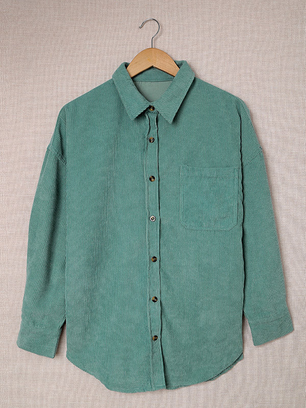 flowersverse Casual Corduroy Loose Solid Color Polo Shirt Top