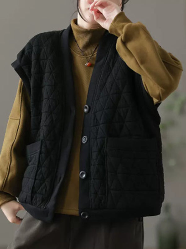 flowersverse Simple Loose Sleeveless Buttoned Quilted Solid Color V-Neck Vest Outerwear