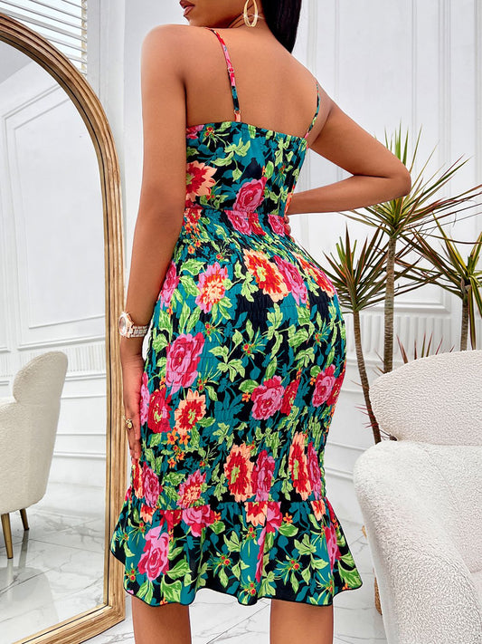 flowersverse Classy Floral Sweetheart Neck Cutout Midi Dress