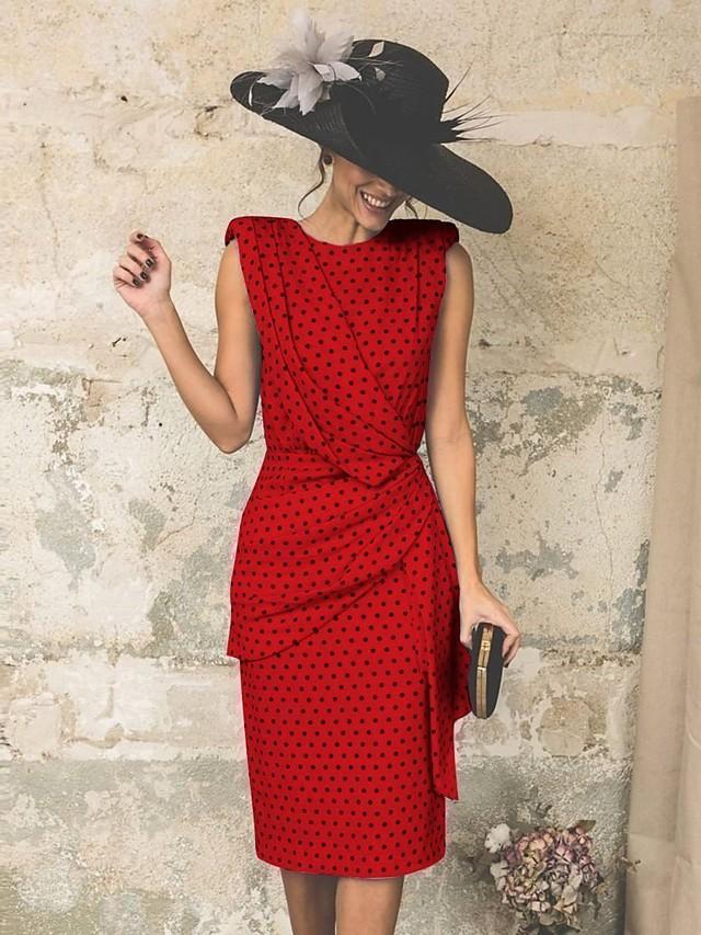 flowersverse Women's Sheath Dress Knee Length Dress - Sleeveless Polka Dot Print Polka Dots Ruched Spring & Summer Plus Size Hot Vintage White Red Light Blue