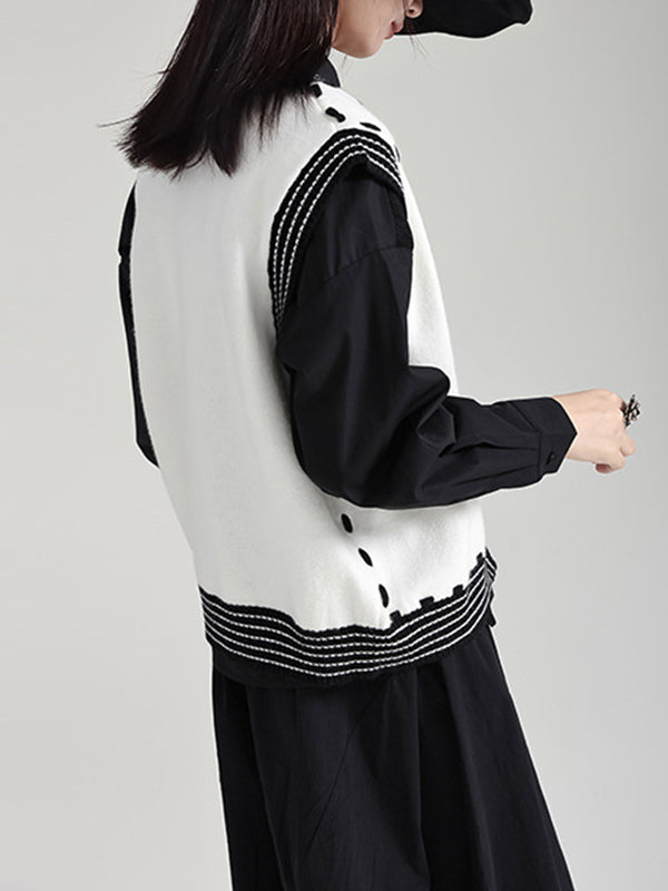 flowersverse Buttoned Contrast Color Loose Sleeveless V-Neck Vest Outerwear
