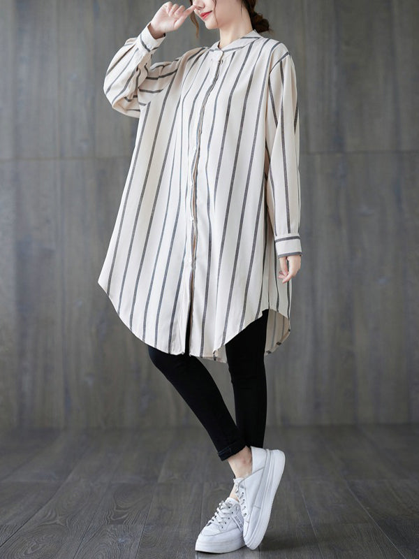 flowersverse Buttoned Striped Long Sleeves Loose Blouses&Shirts Tops