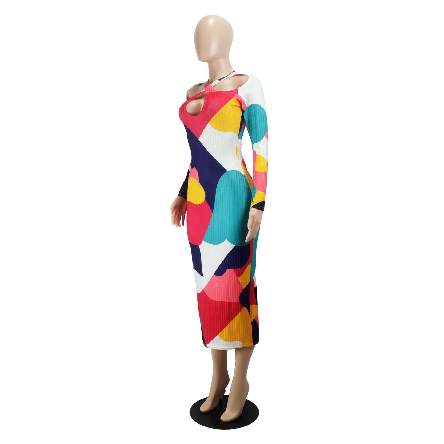 flowersverse Women's Multi-Color Ribbed Long Sleeves Midi Bodycon Dress