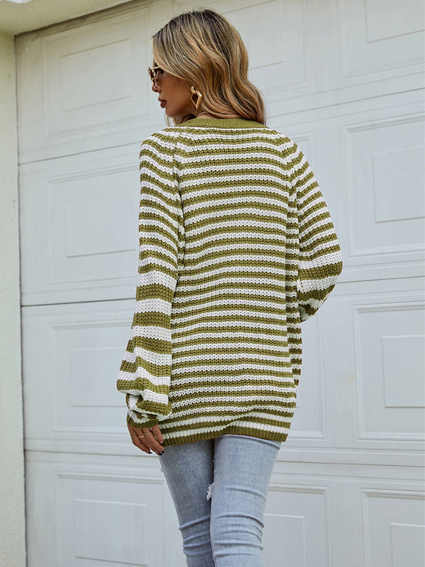 flowersverse Casual Loose Long Sleeves Striped V-Neck Cardigan Tops