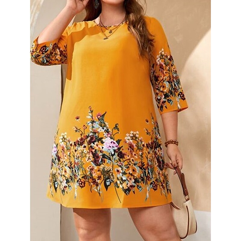 flowersverse Women's Plus Size Casual Dress Shift Dress Floral Mini Dress 3/4 Length Sleeve Print Crew Neck Fashion Outdoor Yellow Spring Summer L XL XXL 3XL 4XL