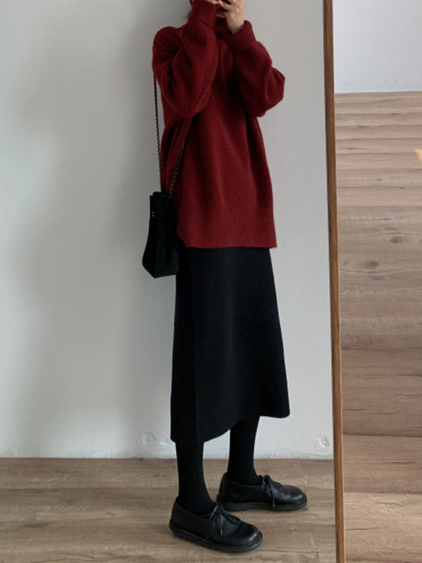 flowersverse Solid Color Split-Side Long Sleeves Loose High-Neck Sweater Tops Pullovers Knitwear